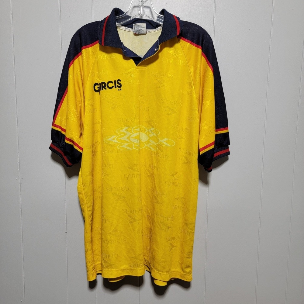 Vintage Garcis Soccer Jersey Yellow‎ Navy Red Number 8 XL Made in Mexico 90s Kit